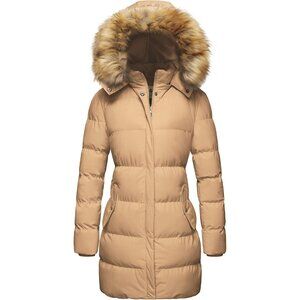 Women's Light Tan Winter Thicken Puffer Coat Warm Jacket With Removable Hood